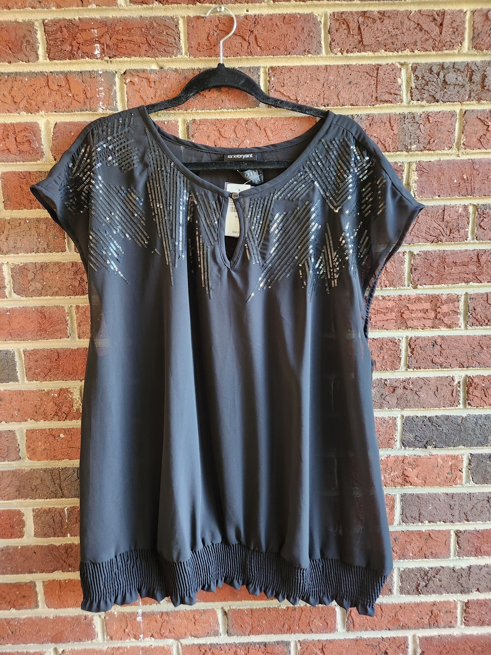 Layne Bryant Sequin-Yoke Black Cap-Sleeve Blouse
